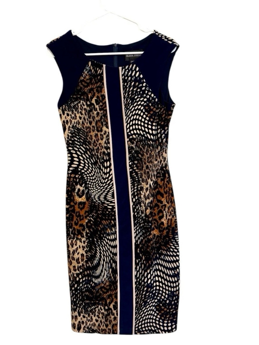 Frank Lyman Animal Print Sheath Dress Size 6 Navy Leopard Sleeveless Career